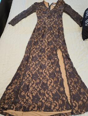 Jovani Brown Lace Long-Sleeve Evening Gown with Nude Lining
